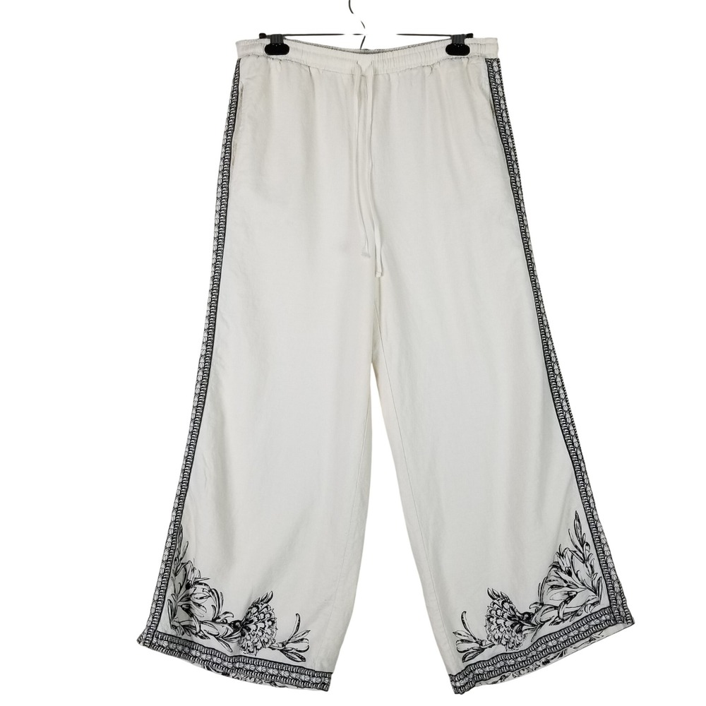 Max Studio London Pants Womens XL Ivory Linen Blend Floral Wide Leg 4701R09